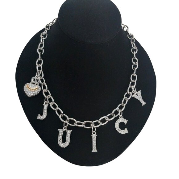 VTG Juicy Couture Necklace Y2K Pave Crystals Heart Lock Crown Charm Silver Tone - Picture 3 of 14